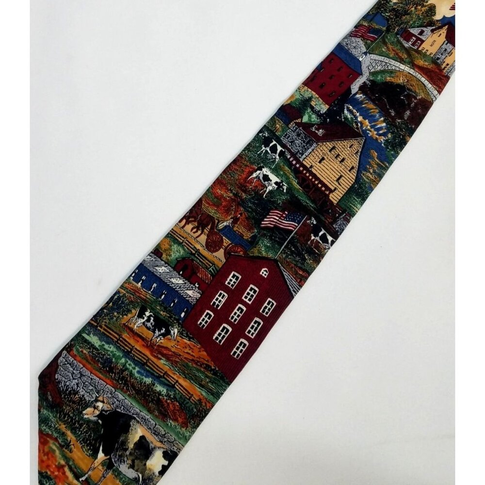 Windsor Mens Necktie Silk Tie Americana Series Country Farm Scene Wintery Vtg